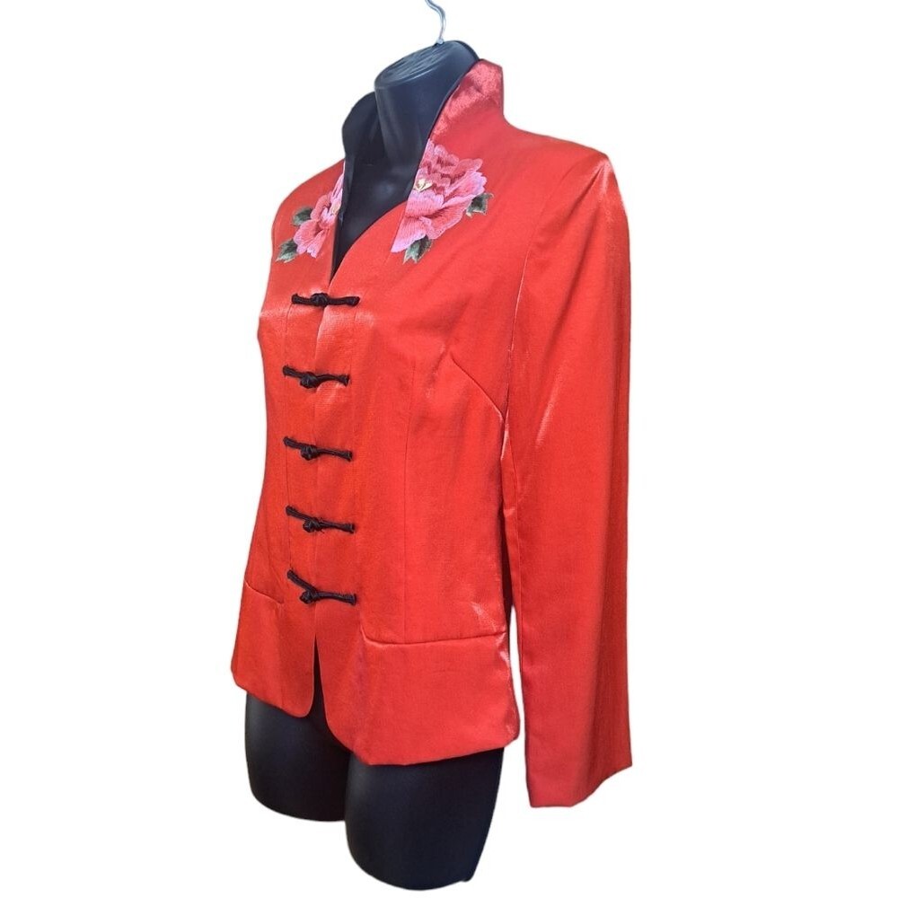 Beautiful Red Floral Asian Jacket Blazer By Bo Xi Hua Fu Women's Size L - Picture 8 of 14